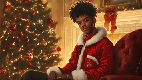 Young man in red Christmas coat beside glowing tree