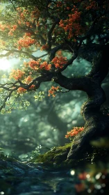 Radiant bokeh-lit woodland tree with twisted trunk geometry.