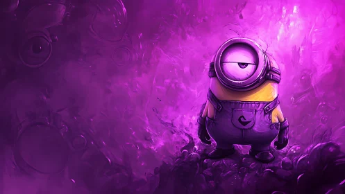 One-eyed cartoon creature in vivid purple scene.