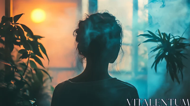 Silhouetted woman between warm sunset and cool misty light.