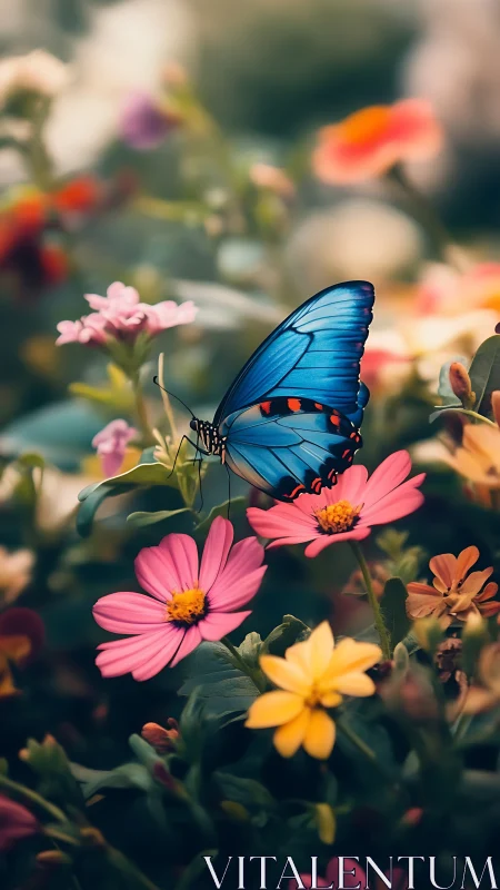Blue-winged daydream perches amid candy-bright blossoms.