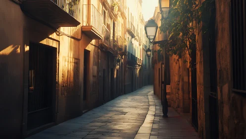 Sunlit old European alleyway curves into tranquil distance.