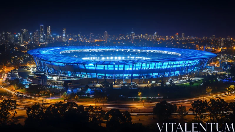 Illuminated urban stadium with surrounding city skyline at night.
