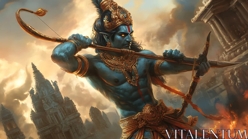 Blue-skinned warrior deity drawing bow in burning city