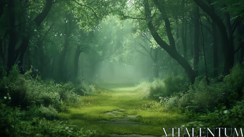 Misty Forest Path Through Towering Trees
