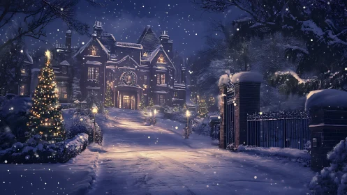 Snowy manor driveway glowing with cozy holiday magic.