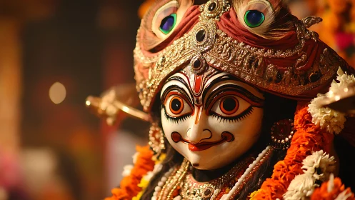 Ornate goddess idol with garlands in warm festival light.