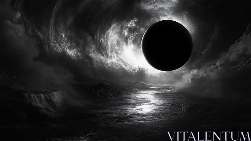 Mystical dark planet drifting above a glowing silver sea.