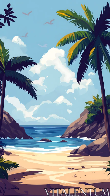 Tropical Beach Cove with Palm Trees and Clouds.