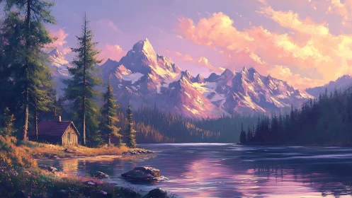 Cabin beside alpine lake under glowing sunset sky.