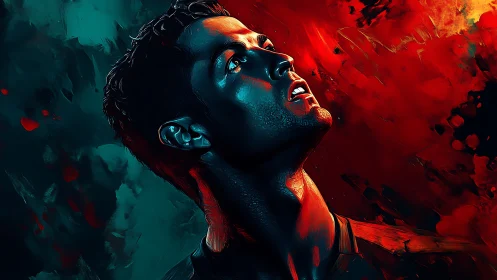 Male portrait in dramatic teal and red digital lighting.