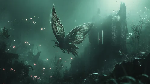 Shattered butterfly angel haunting a drowned gothic chapel.