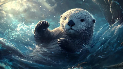 Sea otter swims through glowing teal ocean spray.