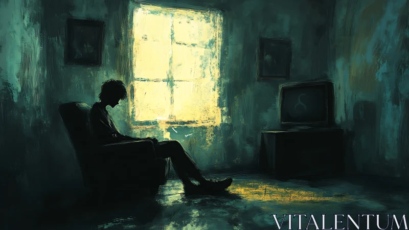 Backlit solitary figure in dim teal room, low-key composition.