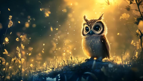 Stylized owl sits on forest floor under strong golden light