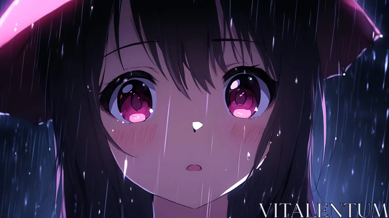 Anime close-up captures melancholic girl in neon backlit rain