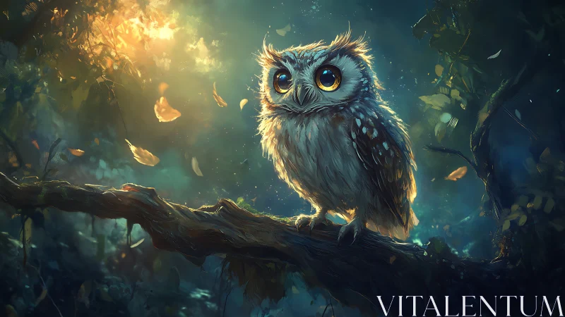 Enchanting Owl with Big Eyes in Mystical Forest, Digital Art.
