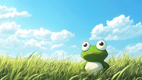 Wide-eyed cartoon frog rests in tall sunlit meadow