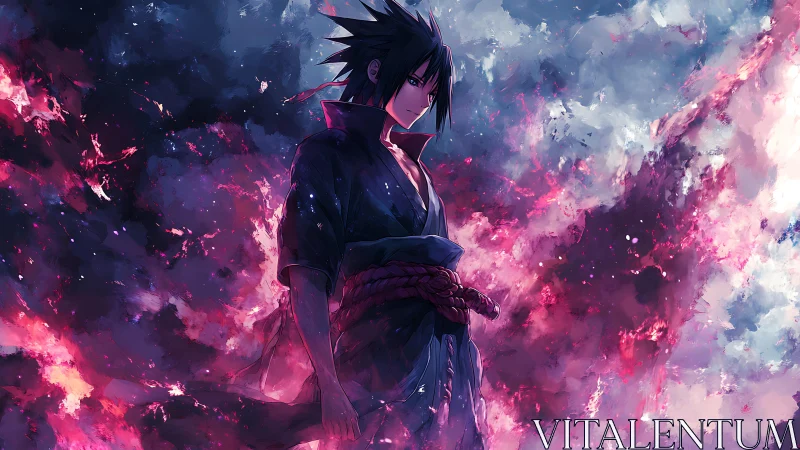 Dark anime swordsman stands in swirling cosmic flames.