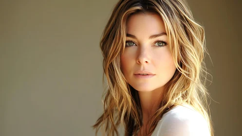 Softly lit blonde woman gazes forward in serene portrait.