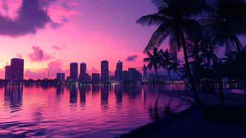 Neon sunset city skyline reflects across tranquil bay