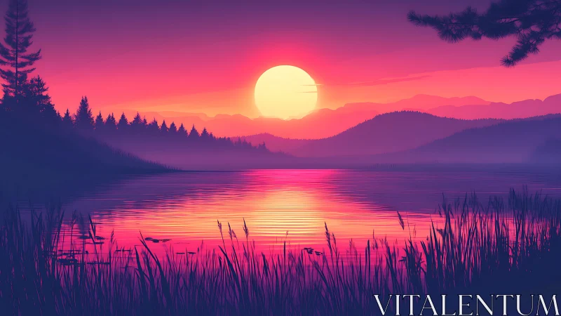 Radiant neon sunset bathes tranquil mountain lake in color.