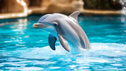 Bottlenose dolphin arcs from bright turquoise pool water