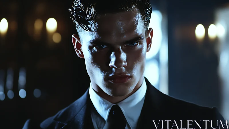 Intense young man in suit stares forward under moody light
