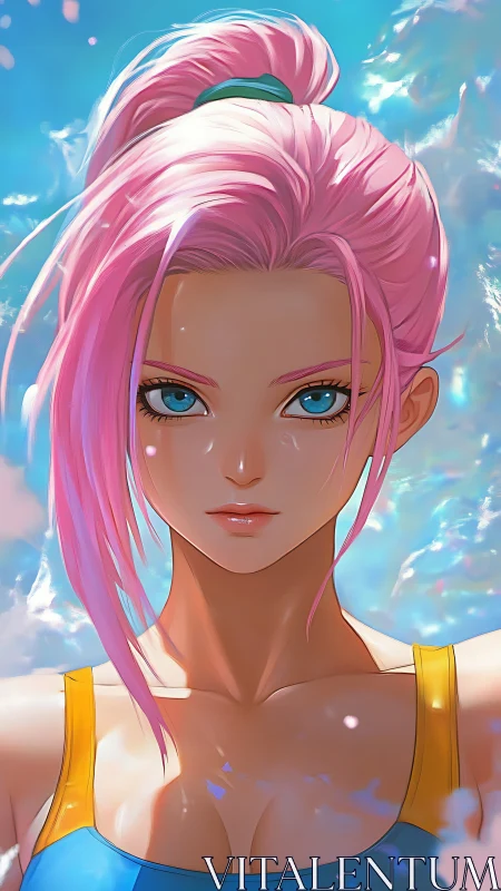 Sunlit swimmer with pink starlight hair and tidal-blue gaze.