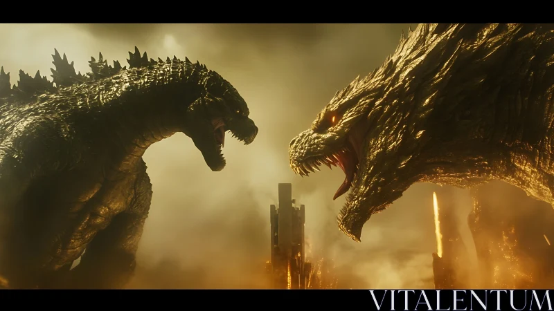Two giant reptilian monsters confront each other over burning city