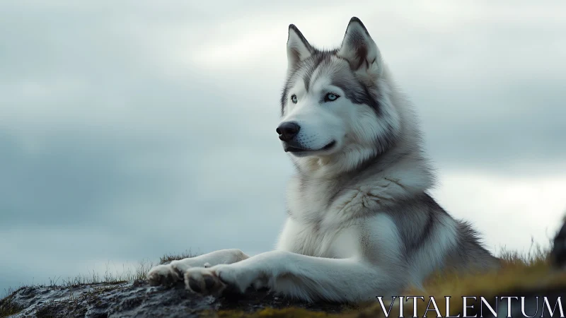 Husky in overcast landscape with shallow depth-of-field rendering.