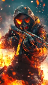 Inferno-clad soldier strides through sparks with molten focus