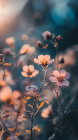 Small flowering plants photographed with selective focus and warm golden light