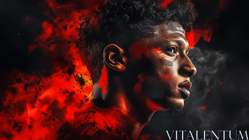 Fiery athlete portrait emerges from smoke and molten red energy