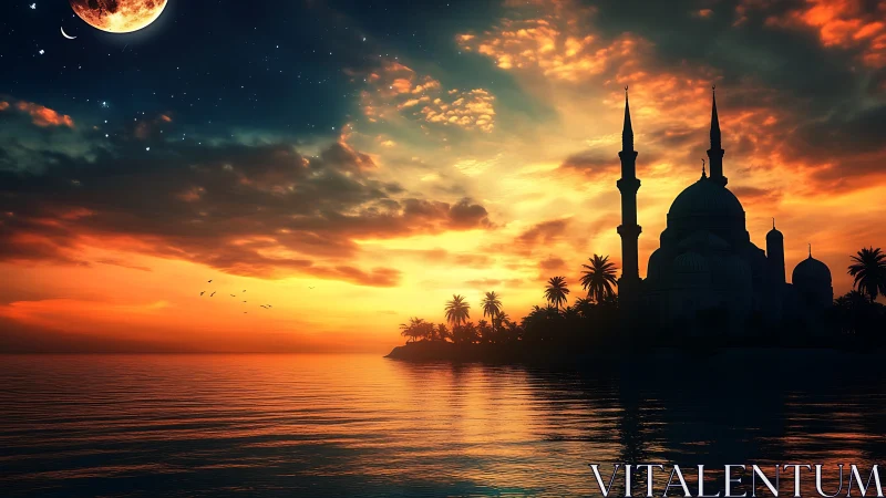 Moonlit mosque by the sea under glowing twilight skies.
