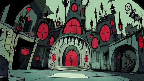 Gothic courtyard with red windowed fortress facade at night.