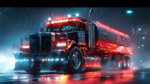 Neon tanker truck glows through cyberpunk rainstorm night.