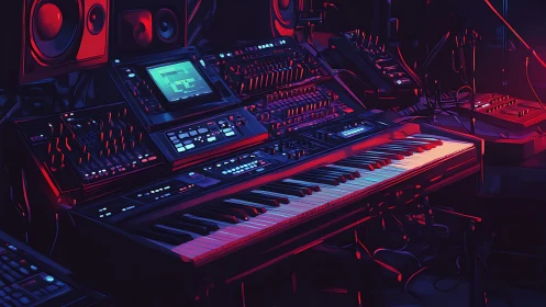Synth workstation under neon magenta and cyan rim lighting