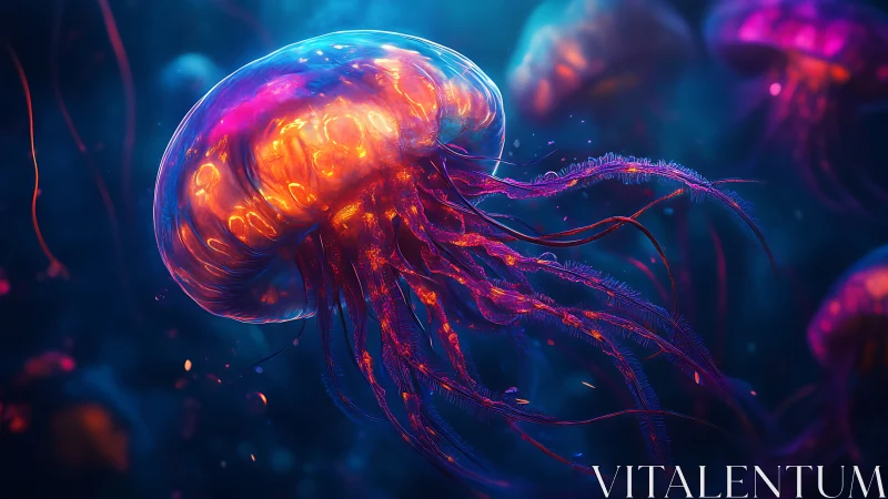 Bioluminescent jellyfish rendered in vivid digital detail.