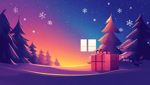 Snowy forest sunrise casts glow behind gift and window