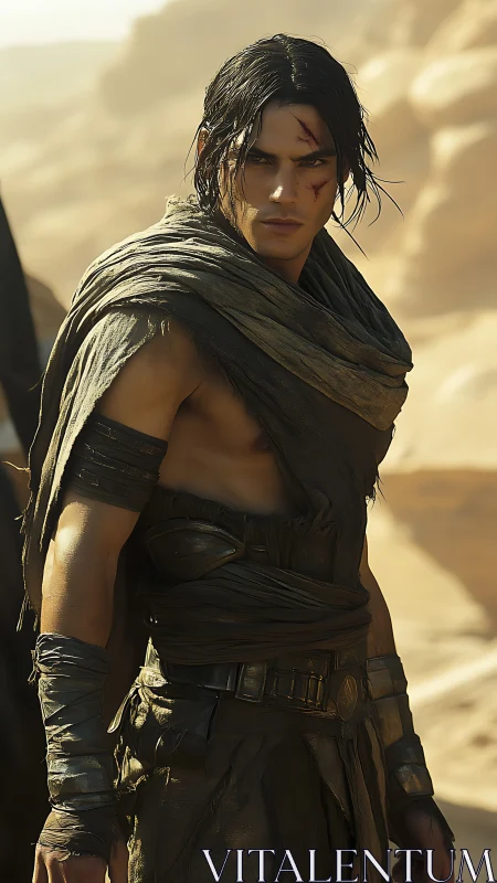 Scarred desert warrior stands in harsh sidelight among dunes