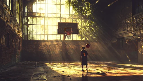 Boy dribbles basketball in sunlit abandoned warehouse court.