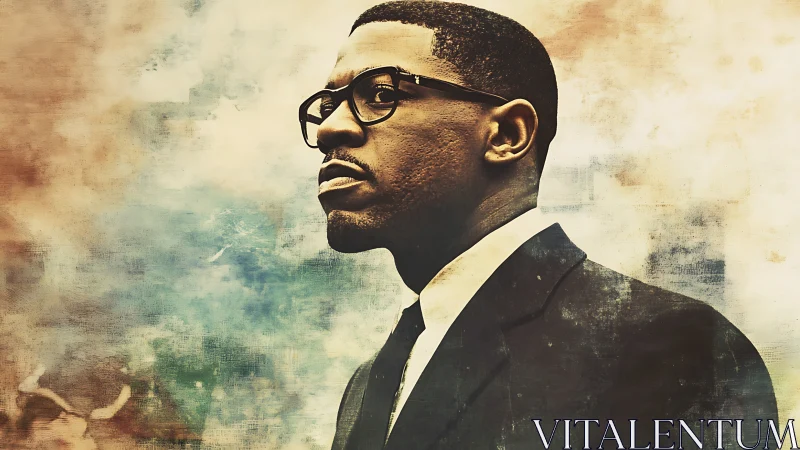 Serious man in suit against textured abstract backdrop.