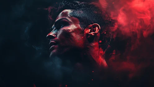 Moody portrait of athletic man in dramatic red smoke.