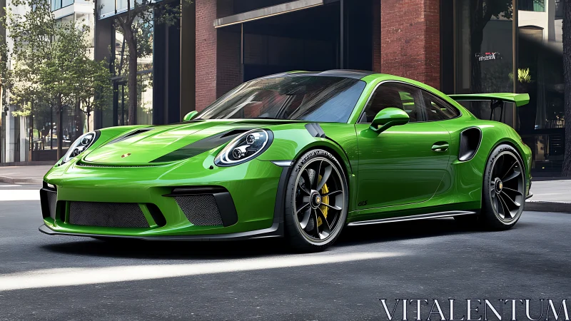 Emerald street racer poised for impact in a glassy cityscape.