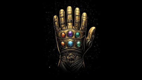 Golden cosmic gauntlet with glowing multicolored infinity gems.