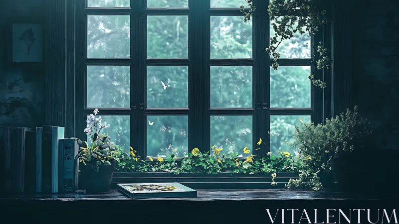 Quiet green window, where ivy, books and butterflies linger.