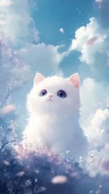 White Cat with Blue Eyes Among Clouds and Flowers