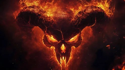 Infernal horned skull emerging from eruptive molten firestorm