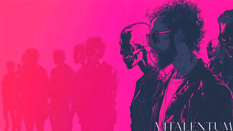 Man in leather jacket flanked by skull figures in neon pink